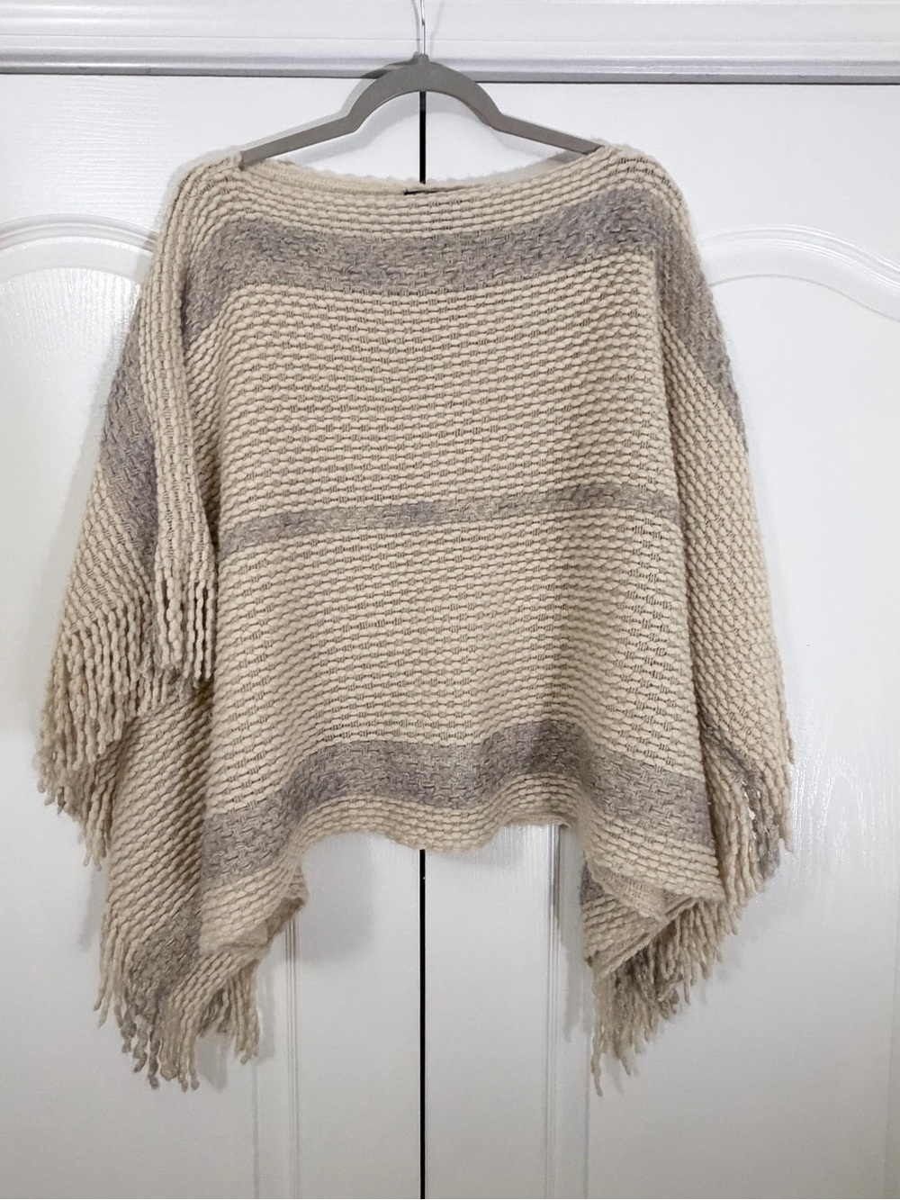 Do Everything in Love Boho Striped Fringe Knit Poncho – One Size